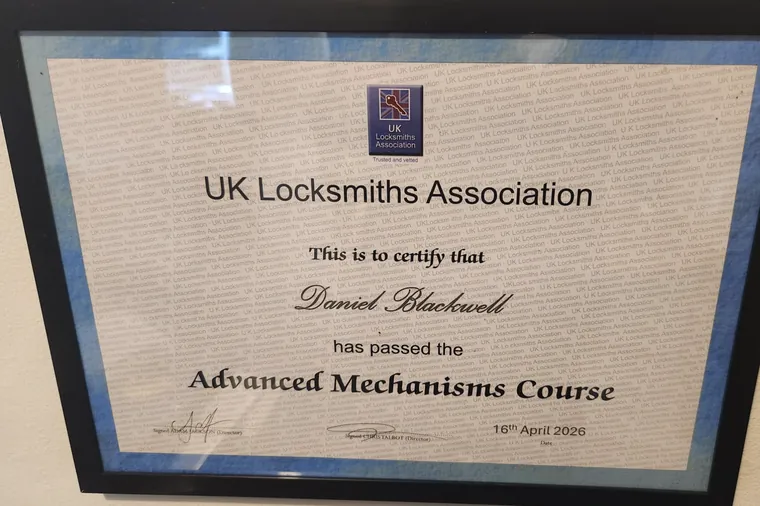 UK Locksmiths Association certificate, Advanced Mechanisms Course, Daniel Blackwell